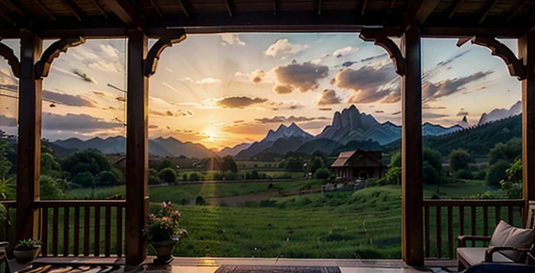 Paint me a serene tableau of rural tranquility, where the golden fingers of the setting sun gently caress the towering peaks of distant mountains. In the foreground, a quaint farmhouse with expansive, shadowy verandas stands as a sentinel of quiet solitude amidst the verdant fields of summer. The hues of dusk cast a soft, ethereal glow upon the landscape, imbuing it with a timeless aura of peace. Upon one of the grand verandas, a solitary figure sits, their silhouette a graceful contrast against the fading light, lost in contemplation as the symphony of nature plays out around them. Let this scene be a testament to the beauty of simplicity and the profound harmony found in the embrace of nature