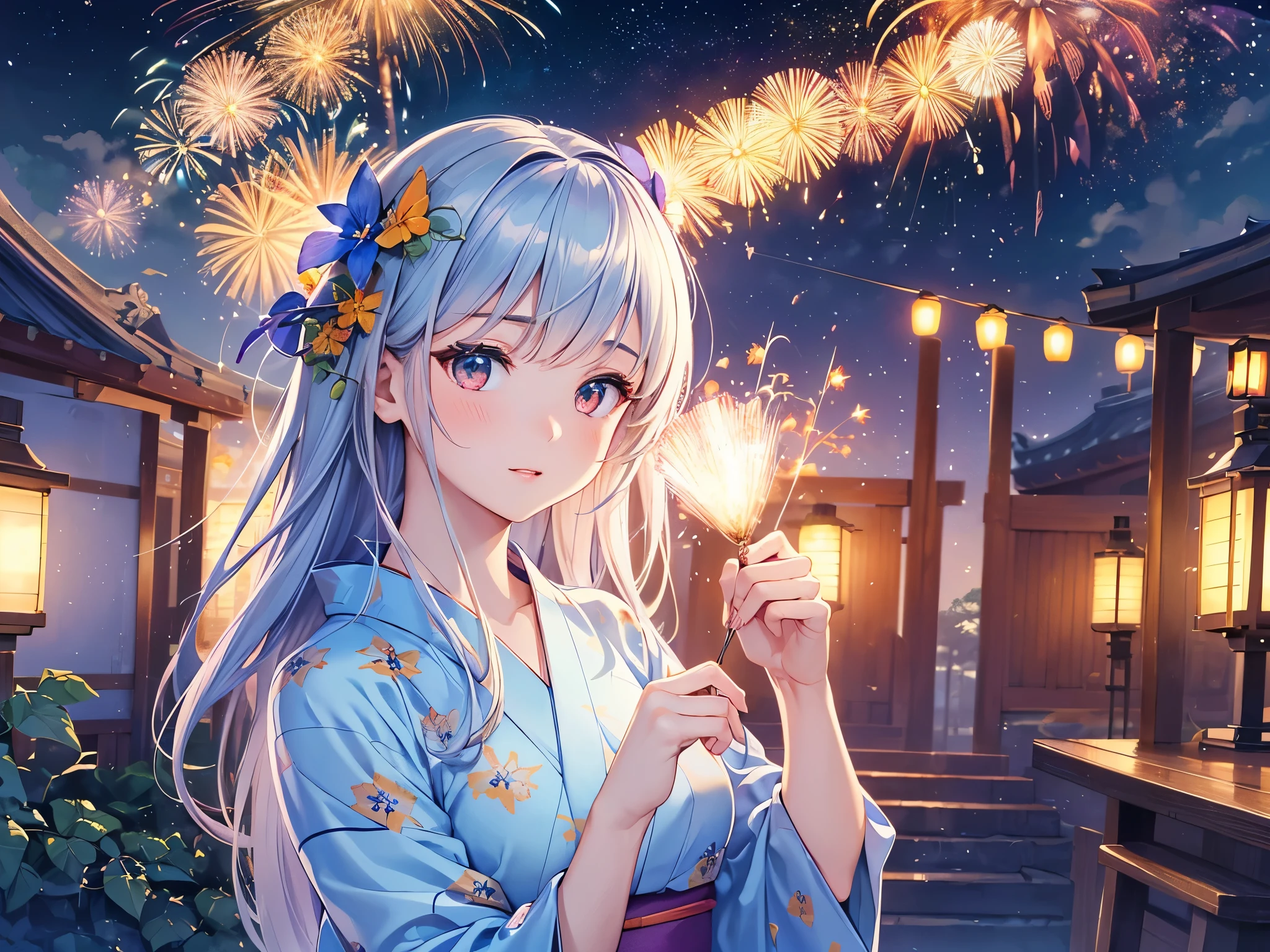 ((highest quality)),(Ultra-high resolution),(Very detailed),(Detailed Description),((The best CG)),(A masterpiece),Ultra-detailed art,Amazing drawing art,(Fantasy art with intricate detail:1.5), (woman:1.6),(Beautiful and well-proportioned face:1.5),(A yukata with morning glories on light blue fabric:1.6) Colorful fireworks light up the night sky、Make her shine beautifully。She is looking up at the fireworks with joy。