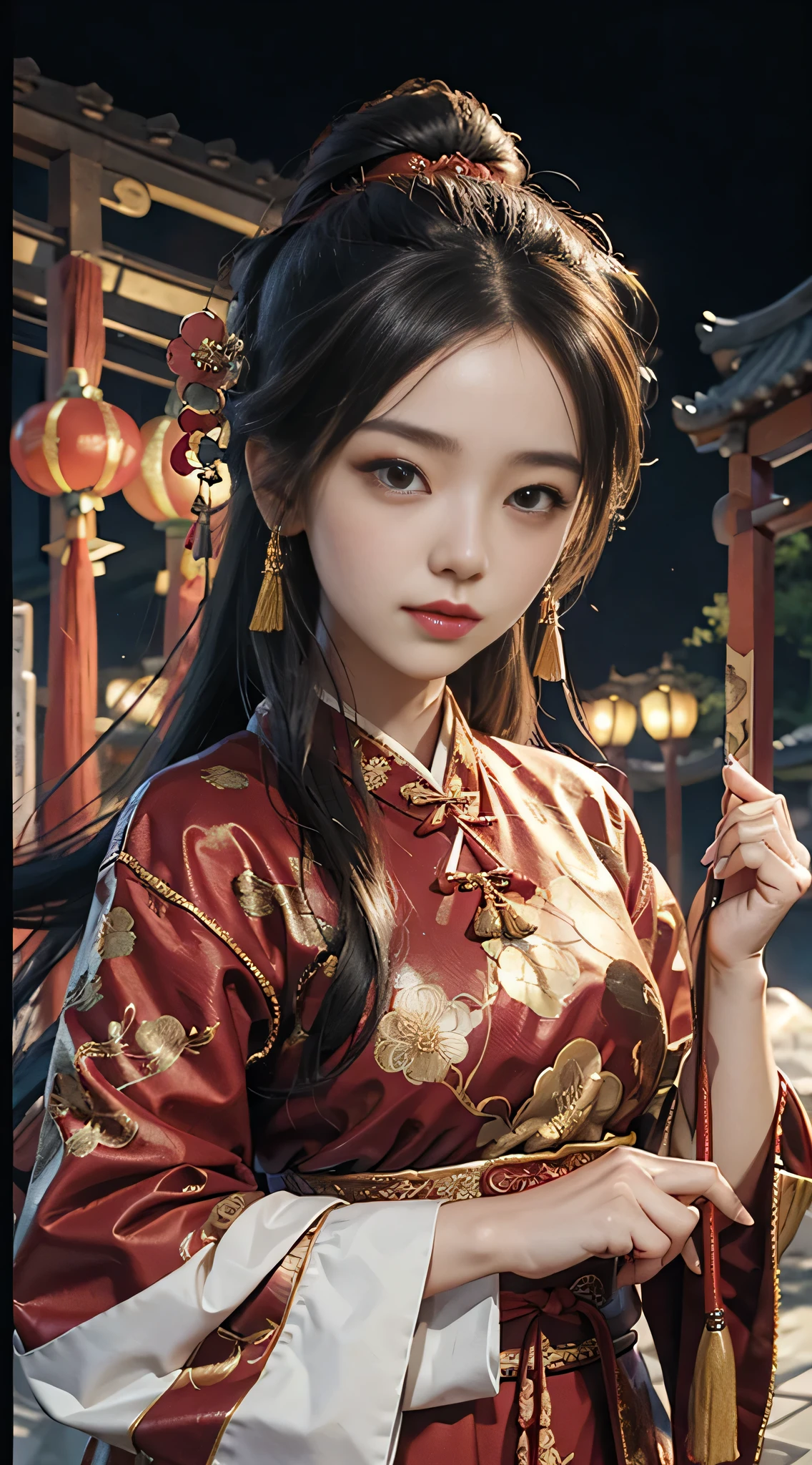 (Daisaku),(Need),(Super meticulous),best qualtiy,tmasterpiece,A high resolution,Close-up of a girl in red and gold Hanfu, Trend of CGsociety, Fantasy art, Courtyard background of ancient Chinese architecture,Beautiful girl, Hanfu, dance,Wearing ancient Chinese clothes, Chinese costume, with acient chinese clothes, Traditional beauty, Chinese style(Delicate facial portrayal)(Fine hair portrayal)(highest quality)(Master masterpieces)(High degree of completion)(bust)(a sense of atmosphere)(faeries)8k wallpaper,tmasterpiece,Best quality at best,ultra - detailed