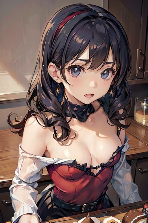 (small breasts:1.3), (perky chest:1.1), (pointed chest:1.0), (Pudding cake magazine cover:1.3),(from above:1.0),(from side:0.9),masterpiece, 1girl, Amazing Cleavage:1.1, thin waist, big ass, Raised sexy, small breast: 1.3, sexy posed cleavage:1.2,solo, open mouth, have a cute grass of cute beergrass,bronde hair, dark blue eyes, dress, bare shoulders, jewelry, collarbone, sidelocks, hairband, earrings, indoors, off shoulder, sweater, arms behind back, plant, short hair with long locks, gild hairband, sweater dress:1.2, off-shoulder sweater, red sweater, dark gord hair, big side hair, very long side hair,is rendered in (masterpiece: 1.2, best quality), with (ultra high resolution) and an exquisite (depth of field). This masterpiece is not only visually stunning but also tells,A scene of cooking in the kitchen in the classroom ,looking at viewer,