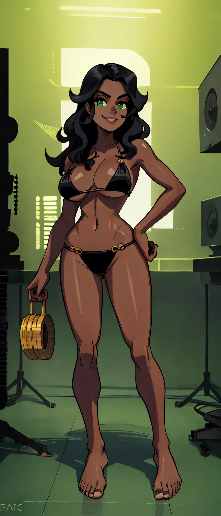 Masterpiece, best quality, Masterpiece, best quality, 1 woman, black skin , wavy black hair , green eyes , smile , sly face , black bikini , big breasts , abdomen , Long legs , Put your hands on your hips... , Barefoot , full body , Control Room , mechanism , shadow