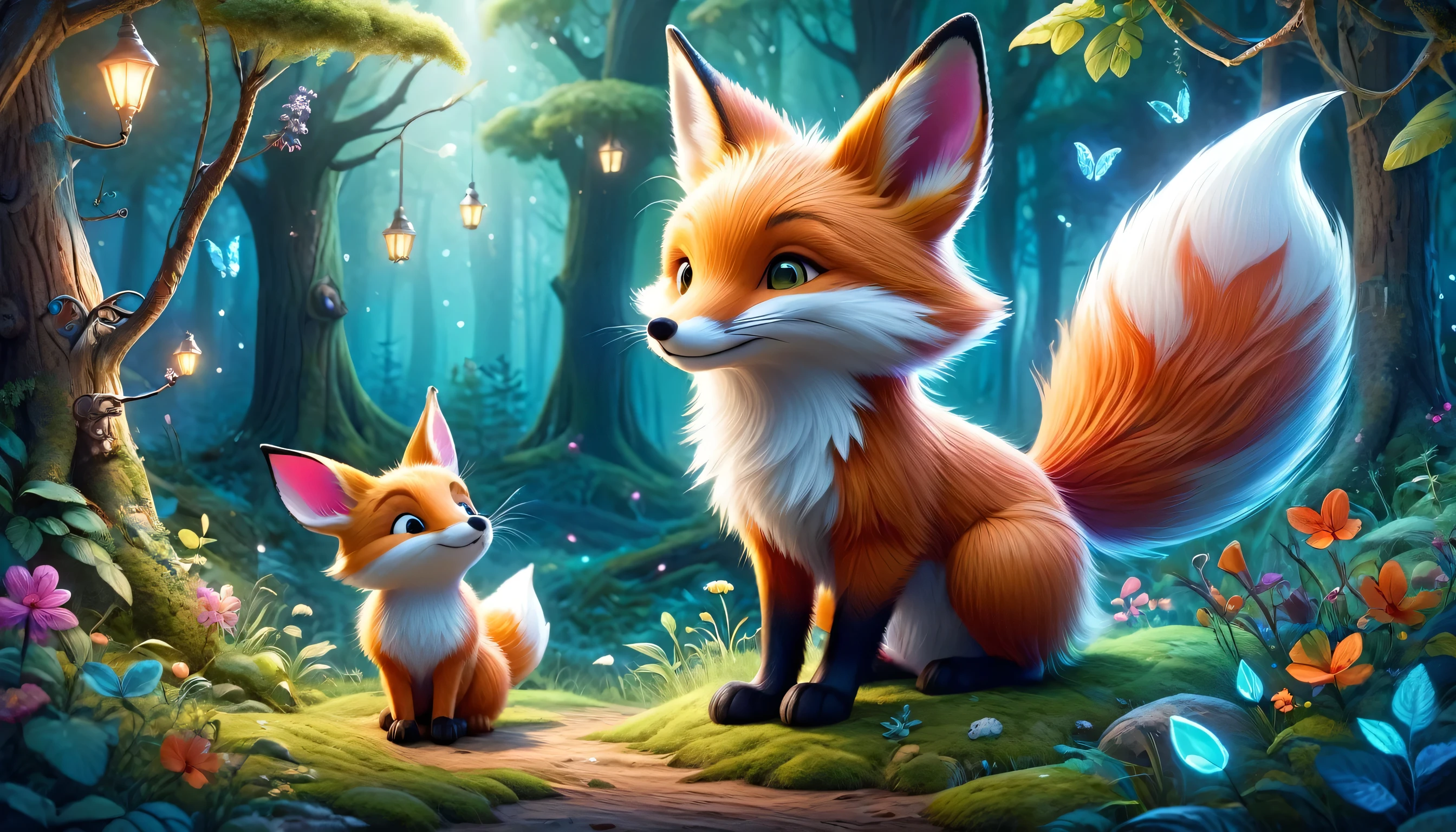 "Create a vibrant and whimsical illustration featuring a clever fox named Felix and a determined rabbit named Rosie. Show Felix using his cunning and intelligence, while Rosie displays her bravery and determination. Make the scene playful and engaging, with Felix and Rosie teaming up on an adventurous mission in their magical forest home."