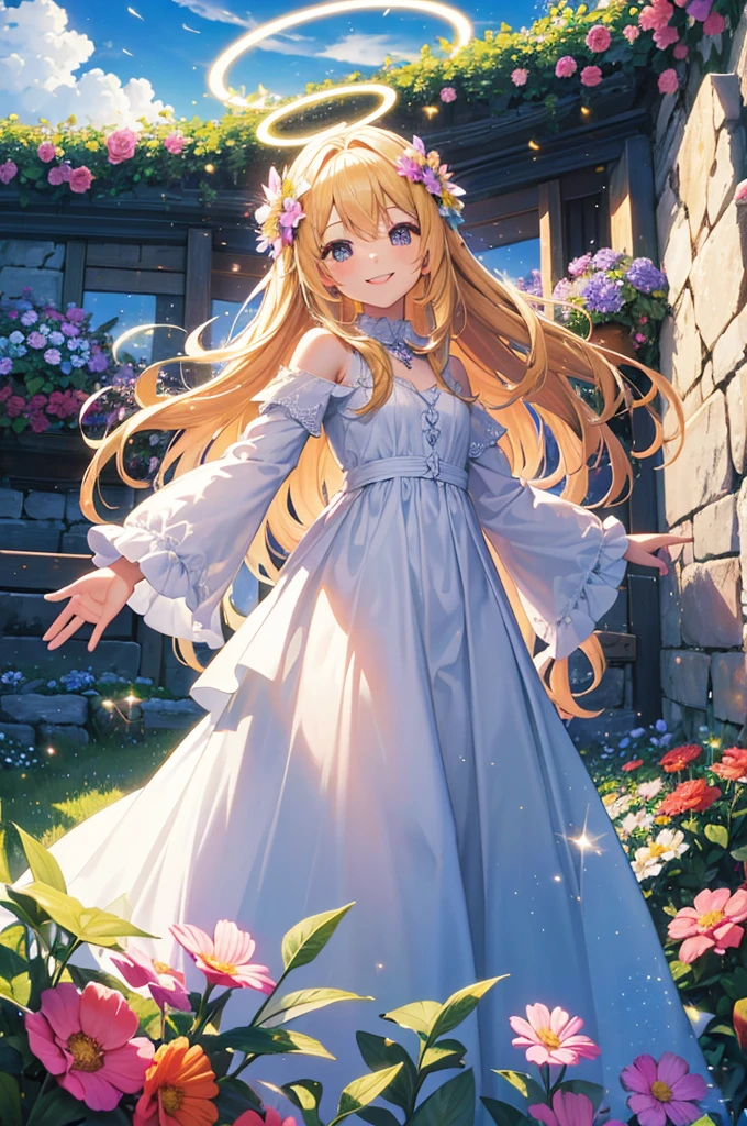 heaven, heaven, light, brilliance, happiness, bright smile, glitter, flowers, flower garden, halo, clouds