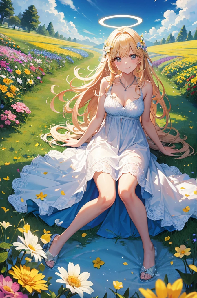 heaven, heaven, light, brilliance, happiness, bright smile, glitter, flowers, flower garden, halo, clouds