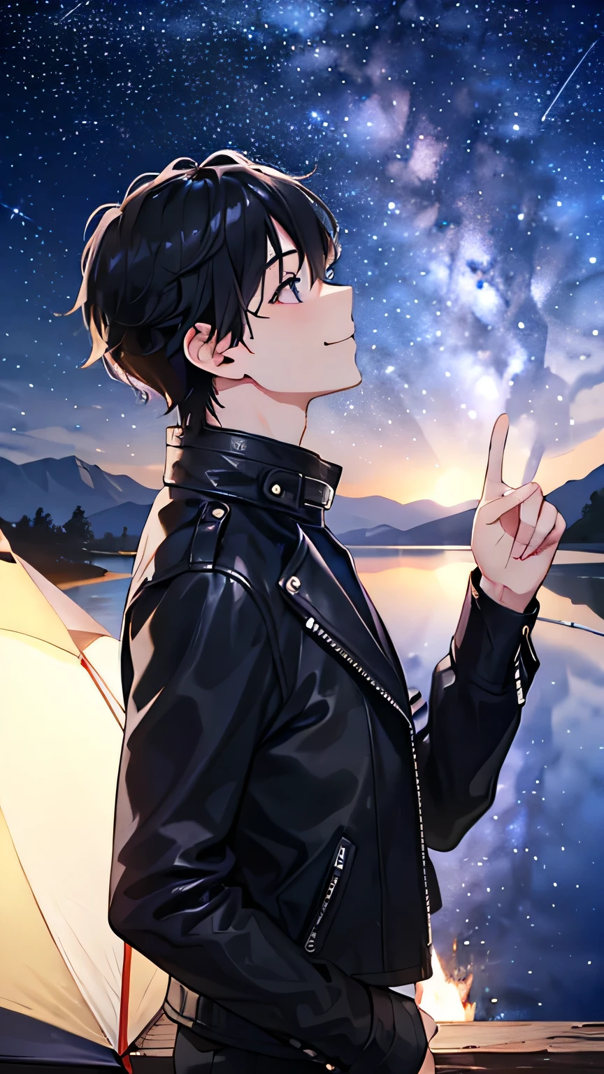 Highest quality、Young man looking up at the night sky、smile、profile、camp、Beautiful starry sky、shooting star、Campfire、tent、Wearing a black leather jacket、Mountain、wood、lake、Black Hair、1 male