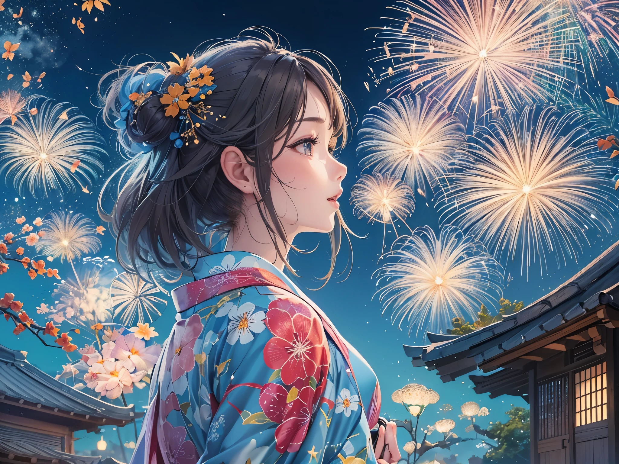 ((highest quality)),(Ultra-high resolution),(Very detailed),(Detailed Description),((The best CG)),(A masterpiece),Ultra-detailed art,Amazing drawing art,(Fantasy art with intricate detail:1.5), (woman:1.6),(Beautiful and well-proportioned face:1.5),(A yukata with morning glories on light blue fabric:1.6) Colorful fireworks light up the night sky、Make her shine beautifully。She is looking up at the fireworks with joy。