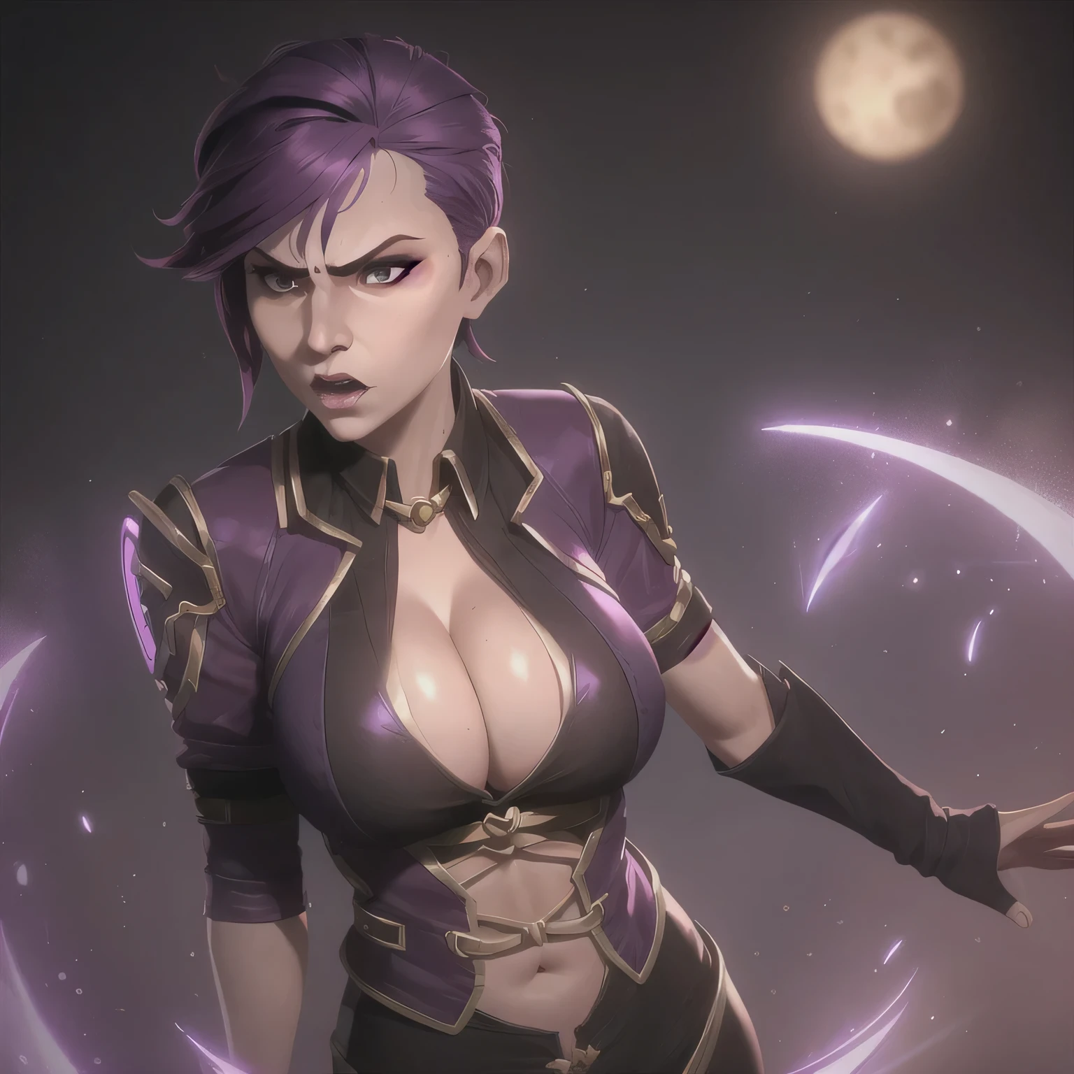 arcane vi, purple, hair, large breasts, large breasts, cleavage, big cleavage, upper body, angry face, mouth closed, cleavage, vi from arcane, arcane style, tight clothes, vi \(league of legends\