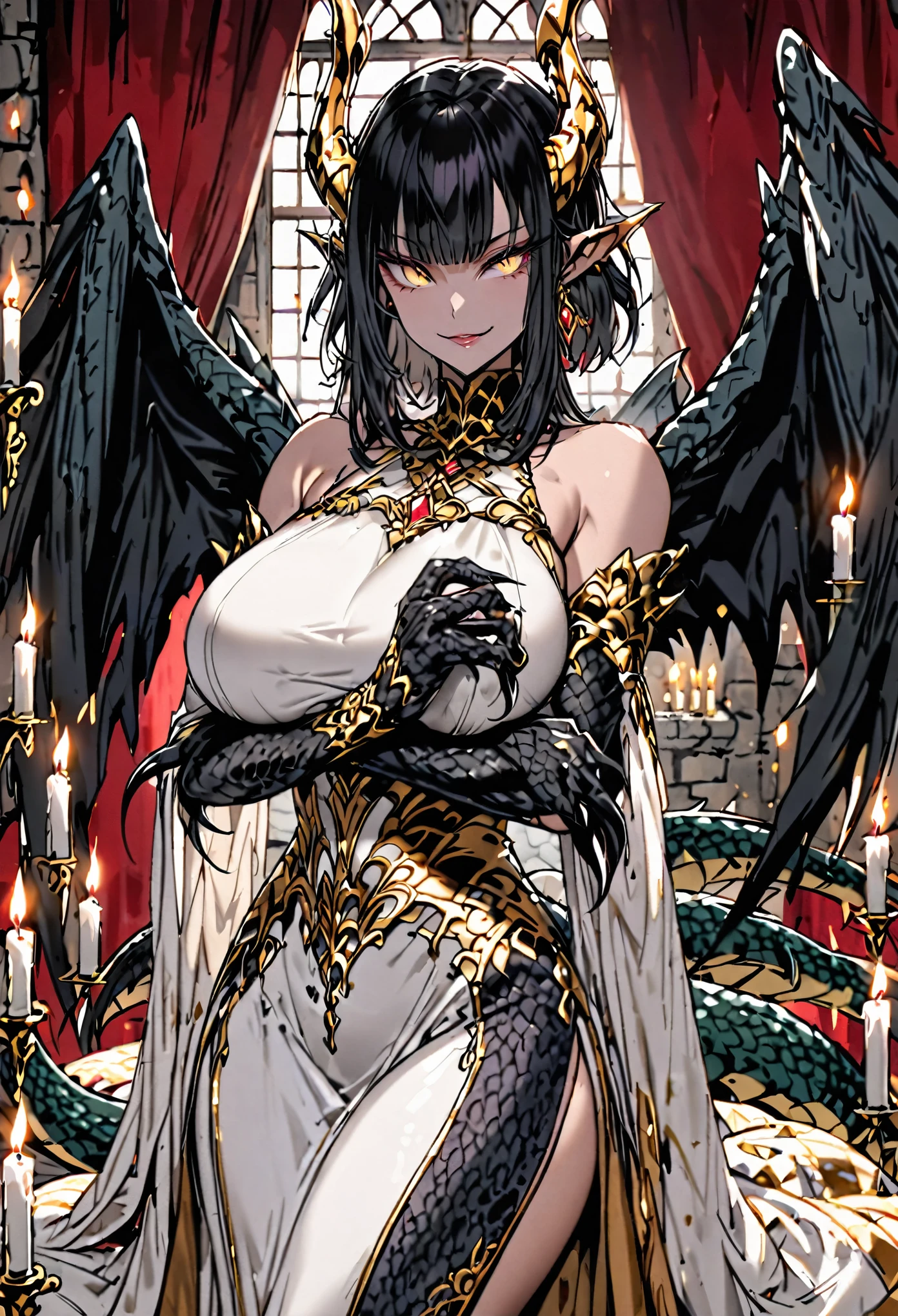 solo, female, sfw, medium shot, long hair, straight hair, black hair, golden eyes, head fins, huge breasts, black tail, dragon tail, black wings, dragon wings, huge wings, black scales, black claw hands, luxurious gown dress, medieval, luxurious, gold, jewelry, day, scaly hands, clawed hands, scales on forearms, very tall woman, seductive smile, muscular, slit pupils, dragon horns, large woman, 8 foot tall