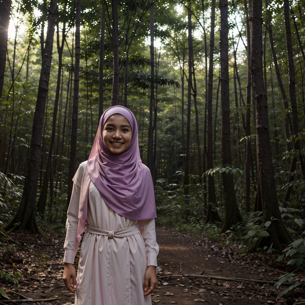 A 19 years old naked Indonesian girl in light violet hijab, smiling and standing in a dark forest, look to the viewer with eye close