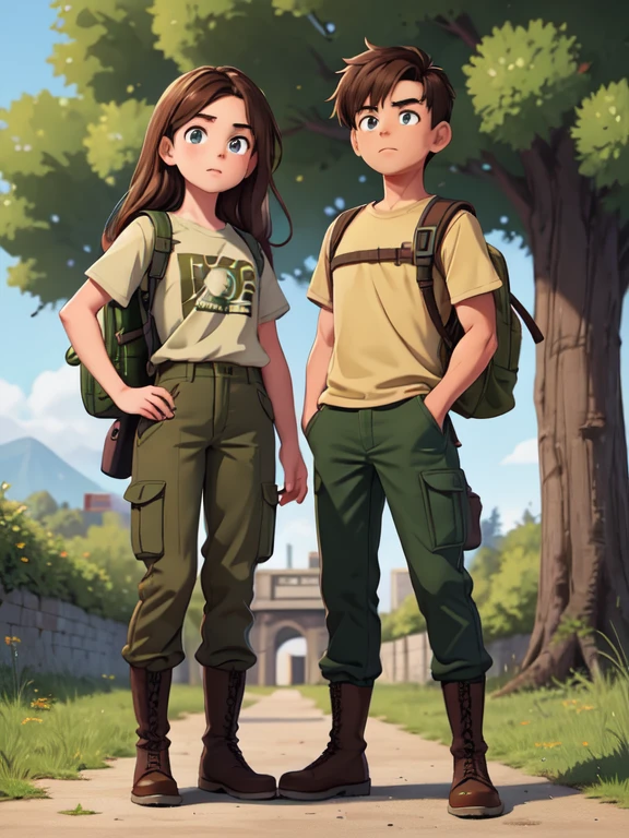 book cover, masterpiece, Two teenagers: boy and girl, Brother and sister, Exact resemblance (twins), semi-long very tousled brown tousled hair, round beautiful faces, Brown eyes, long eyelashes, athletic build, developed proportional muscles, Green T-shirt, military style trousers with patch pockets, massive high infantry boots, backpack; Standing next to you, fight zombies 