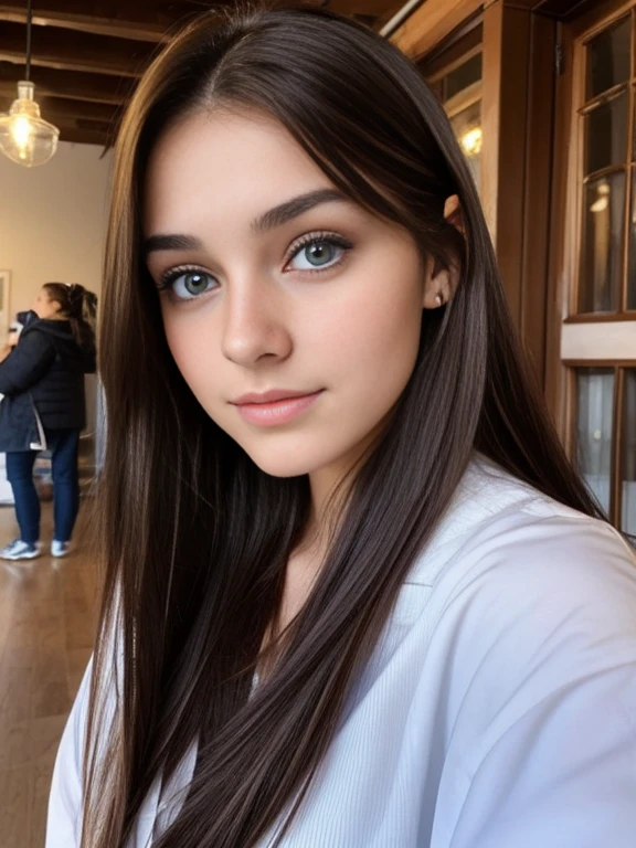 Photo of a 20 year old brunette woman, that has a very natural face, thin lips, thin eyes, thin eyebrows, thin nose,full body, long eyelashes. She makes a cute selfie in quebec