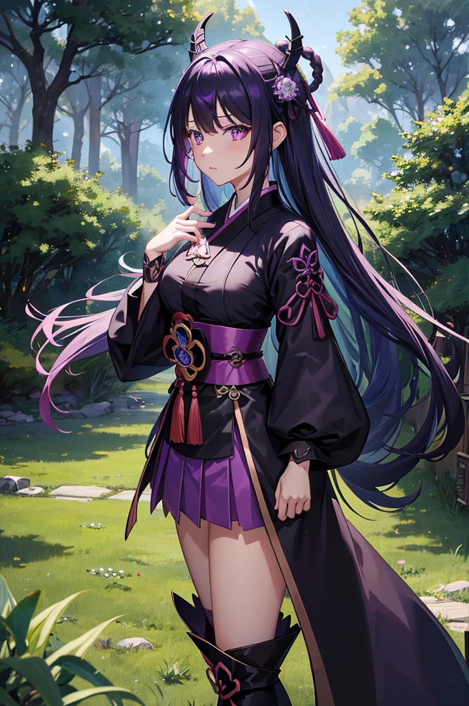 anime girl in a purple and black outfit standing in front of a forest, keqing from genshin impact, zhongli from genshin impact, heise jinyao, ayaka genshin impact, anime moe artstyle, black - haired mage, demon slayer rui fanart, ayaka game genshin impact, yun ling, inspired by Song Maojin