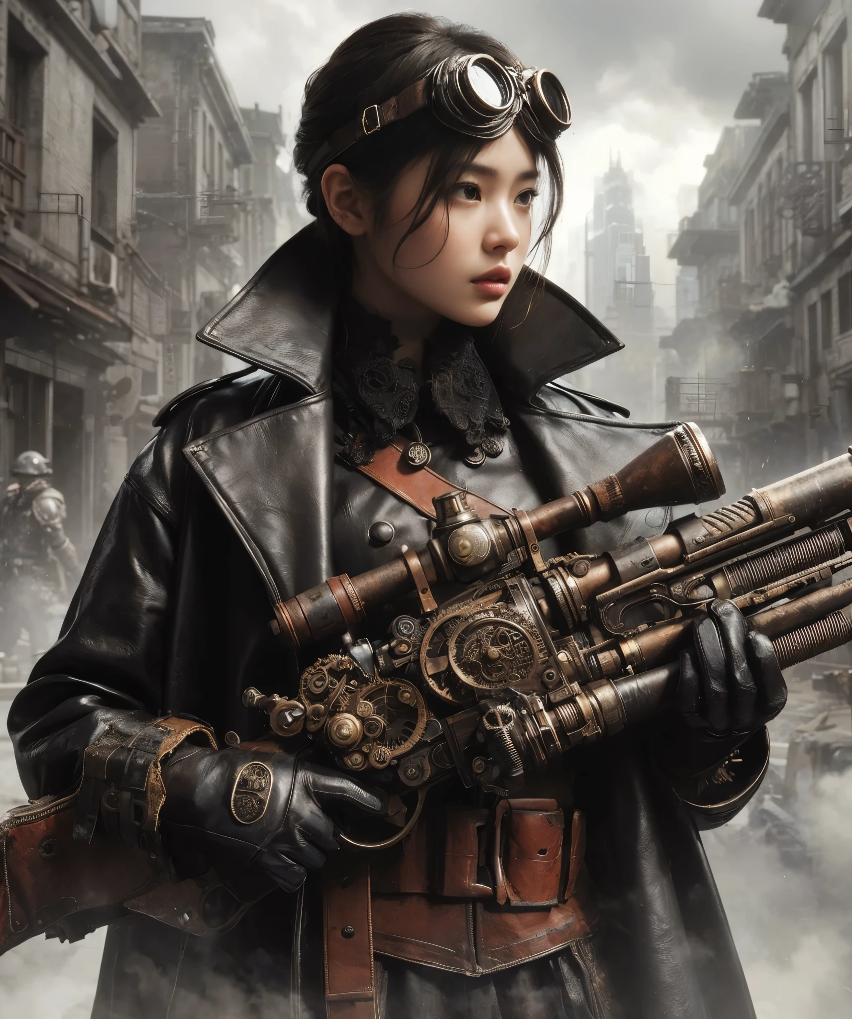 ８ｋ,Realistic Skin Texture、Superrealism、Realistic Photo、Japanese women、steampunk、Leather coat、Standing with a heavily modified oversized rifle、Light cloudiness、Dirty city、Steam rising from buildings here and there、Goggles above your head、Stand facing forward in front of a wall with intricate patterns and gears、