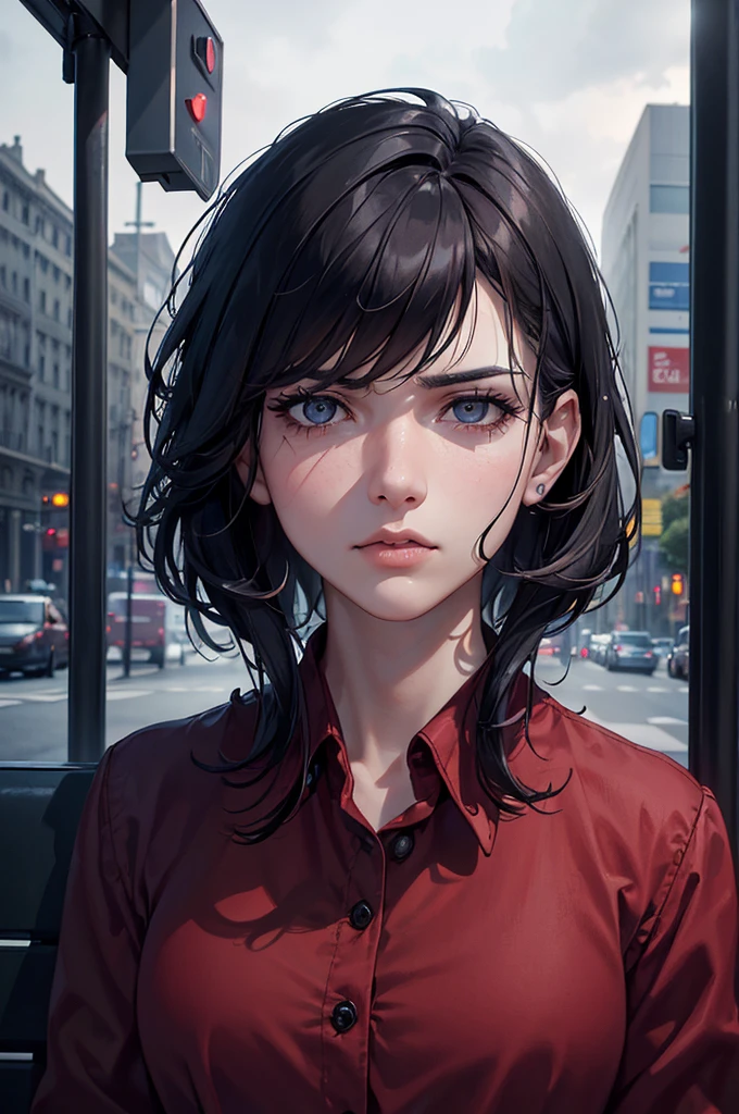 A sad 15-year-old boy with black hair, wearing a red blouse and jeans, sitting on a bus bench, (best quality,4k,8k,highres,masterpiece:1.2),ultra-detailed,(realistic,photorealistic,photo-realistic:1.37),solo portrait,photographic,dramatic lighting,cinematic,melancholic mood,emotive,hyperrealistic,detailed facial features,expressive eyes,beautiful detailed eyes,beautiful detailed nose,beautiful detailed lips,extremely detailed face,longeyelashes,moody,brooding,bus stop,urban setting,cityscape,gloomy weather,overcast sky