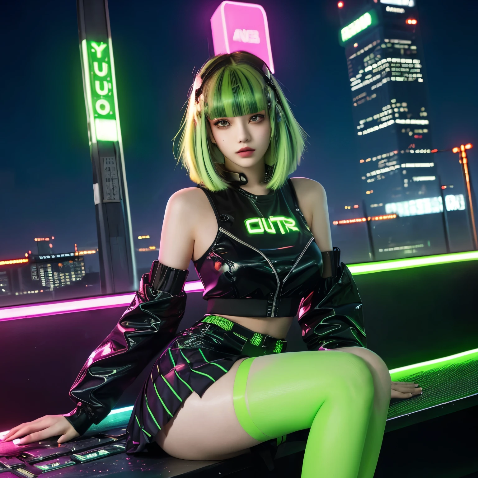 neon city, blunt bangs, cyber punk, school girl, green hair, Beautiful thighs