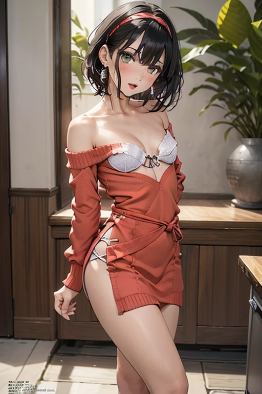 (small breasts:1.3), (perky chest:1.1), (pointed chest:1.0), (fashion magazine cover:1.3),(from below:1.0),(from side:0.9),masterpiece, 1girl, Amazing Cleavage:1.1, thin waist, big ass, Raised sexy, small breast: 1.3, posed cleavage:1.2、solo, looking at viewer, open mouth, have a cute grass of cute beergrass,black hair, dark green eyes, dress, bare shoulders, jewelry, collarbone, sidelocks, hairband, earrings, indoors, off shoulder, :o, sweater, arms behind back, plant, short hair with long locks, gild hairband, off-shoulder dress, sweater dress, off-shoulder sweater, red sweater, dark gord hair, big side hair, very long side hair,is rendered in (masterpiece: 1.2, best quality), with (ultra high resolution) and an exquisite (depth of field). This masterpiece is not only visually stunning but also tells,A scene of cooking in the kitchen by classroom