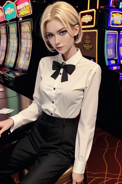 masterpiece, highest quality, Very detailed, 16k,  Ultra-high resolution, Cowboy Shot, Detailed face, Perfect Fingers, 20-year-old woman, a beautiful woman dressed as a man, Slender, blue eyes, Slanted Eyes, blonde, short hair, (Black tuxedo), (Red bow tie), (Black trousers:1.3), suit thug, casino, She works as a casino dealer, Trump, Trumpを配る