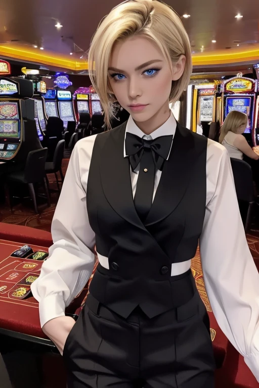 masterpiece, highest quality, Very detailed, 16k,  Ultra-high resolution, Cowboy Shot, Detailed face, Perfect Fingers, 20-year-old woman, a beautiful woman dressed as a man, Slender, blue eyes, Slanted Eyes, blonde, short hair, (Black tuxedo), (Red bow tie), (Black trousers:1.3), suit thug, casino, She works as a casino dealer, Trump, Trumpを配る