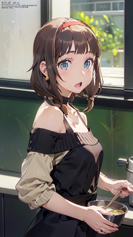 (small breasts:1.3), (perky chest:1.1), (pointed chest:1.0), (fashion magazine cover:1.3),(from below:1.0),(from side:0.9),masterpiece, 1girl, Amazing Cleavage:1.1, thin waist, big ass, Raised sexy, small breast: 1.3, posed cleavage:1.2、solo, looking at viewer, open mouth, have a cute grass of cute beergrass,black hair, dark green eyes, dress, bare shoulders, jewelry, collarbone, sidelocks, hairband, earrings, indoors, off shoulder, :o, sweater, arms behind back, plant, short hair with long locks, gild hairband, off-shoulder dress, sweater dress, off-shoulder sweater, red sweater, dark gord hair, big side hair, very long side hair,is rendered in (masterpiece: 1.2, best quality), with (ultra high resolution) and an exquisite (depth of field). This masterpiece is not only visually stunning but also tells,A scene of cooking in the kitchen by classroom