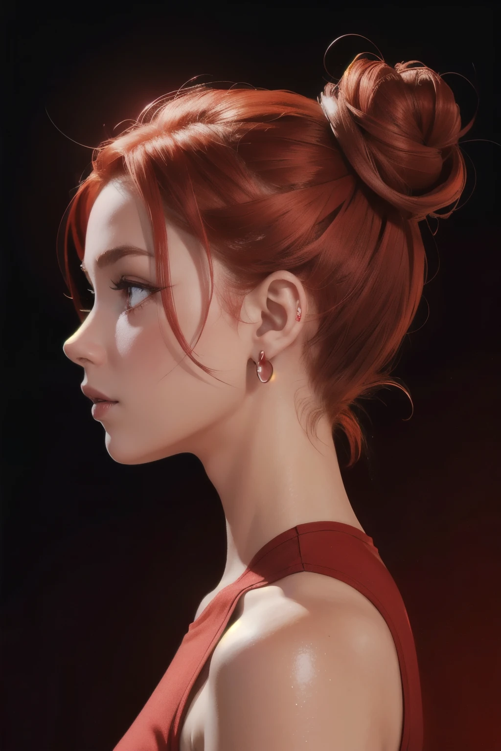 girl with ballerina buns red hair, red eyes, futuristic vibes, side profile view, earings, 8k, high quality, simple background, glowing eyes, nice pose