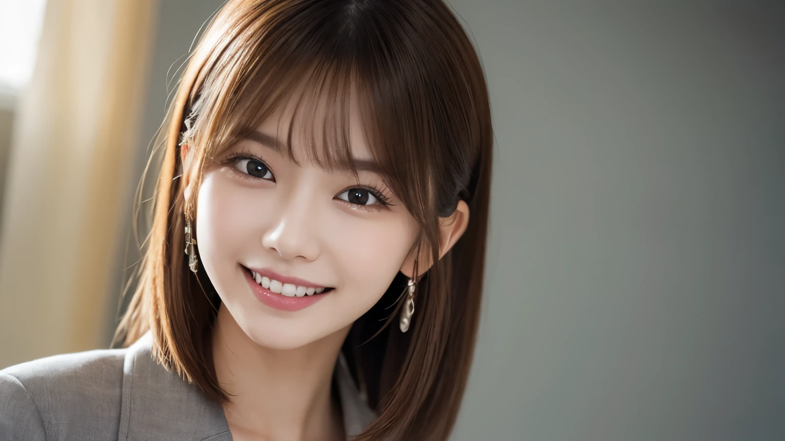 (Very detailed CG Unity 8k wallpaper, highest quality, Very detailed, Looking at the camera:1.2, The light shines on your face:1.5, Gray background, Professional Lighting), Japan female, 26 years old, Upper body composition with brightly lit face. She has an oval face, Soft arched eyebrows, bright expressive eyes,, pronounced nose, And a friendly smile. Her hair is shoulder-length, straight, Dyed a light chestnut color. She is wearing a smart casual blouse, Probably soft colors, Paired with a chic blazer, Embody her lively and sociable personality