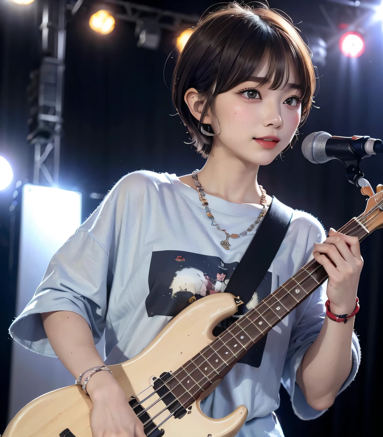 (highest quality:1.4)、(masterpiece:1.4)、RAW Photos、8k、((Best image quality))、 ((High resolution))、Beautiful face in every detail、Realistic human skin、Gentle expression、(One Woman:1.3 )、Realistic、Photorealistic、(short hair:1.4)、(Beautiful woman)、(Cute Japanese Girl)、(boyish:1.3)、(mannish)、((Beautiful woman))、(Beautiful Hair)、((Dark brown hair))、(((Red cheeks)))、(Her eyes are big:1.3)、20 year old beauty、(Her face is small:1.5)、Small Head、((Long neck))、Pale skin、Immaculate skin、With bangs、Everyone longs for、Beautiful woman in Japan、((eight-headed body))、(necklace)、(Music Festival:1.4)、((blue sky))、singer、(Concert T-shirts)、smile、(Larger clothes:1.3)、Happy expression、(Bass guitar:1.3)、(on stage:1.3)、((I can see the sky))、Stand microphone、Wristband、bracelet、((Young women respect her))、Charismatic Model、She has a lot of fans、rock band、(enjoy)、Blushing