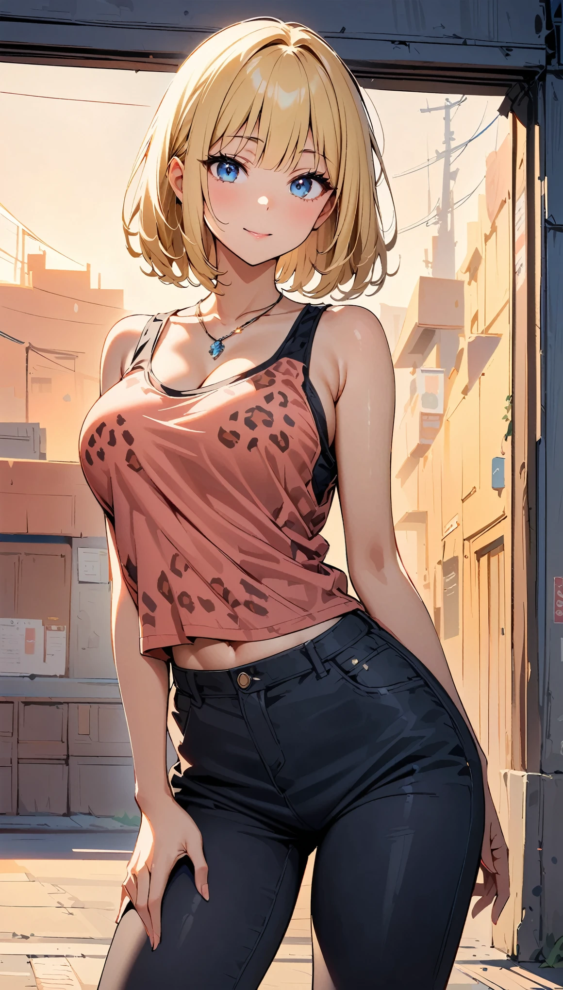 (highest quality, 4K, 8K High Resolution, masterpiece:1.2), Very detailed, one person, woman, (blonde, Medium Hair, Bobcut, blue eyes), Standing pose, Sexy vibe, Attractive breasts, Magic Hour, ([leopard pattern]Tank top, necklace, Black pants style), Emphasis on individuality and uniqueness, Beautiful and beautiful eyes, Beautiful lip detail, Long eyelashes, Bright colors, Photo Spot, In front of a white wall, Cowboy Shot, Soft and warm color palette.