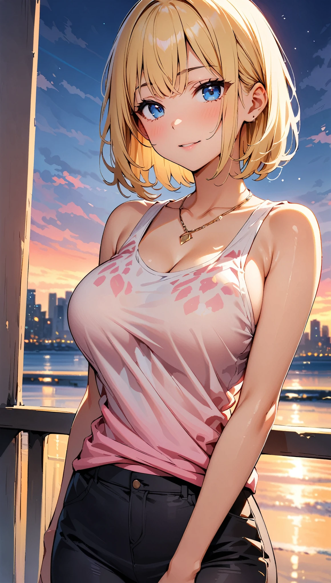 (highest quality, 4K, 8K High Resolution, masterpiece:1.2), Very detailed, one person, woman, (blonde, Medium Hair, Bobcut, blue eyes), Standing pose, Sexy vibe, Attractive breasts, Magic Hour, ([leopard pattern]Tank top, necklace, Black pants style), Emphasis on individuality and uniqueness, Beautiful and beautiful eyes, Beautiful lip detail, Long eyelashes, Bright colors, Photo Spot, In front of a white wall, Cowboy Shot, Soft and warm color palette.