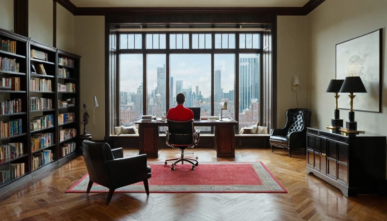 A modern home office with a touch of realism. The scene features a man sitting on the left side of the image, dressed in a red polo shirt, his body facing the camera and his head turned slightly to the right. He appears to be looking directly at the camera. He is seated on a light-colored chair, which is only partially visible. In the background, a large window overlooking a cityscape provides natural light. To the left is an elegant wooden door with a glass panel. The right-hand side of the room is occupied by an elegant bookcase on which are arranged a few decorative objects and books. The wooden floor matches the door. In the center of the room, a person sits at a desk, facing the camera, in a comfortable office chair. The person is positioned naturally in the scene, creating a realistic working environment. The lighting is warm and evenly distributed, creating a comfortable, professional atmosphere.