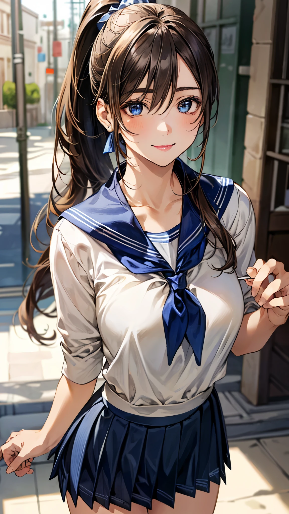 (masterpiece:1.3, top-quality, ultra high res, ultra detailed), (realistic, photorealistic:1.4), beautiful illustration, perfect lighting, natural lighting, colorful, depth of fields, ,
beautiful detailed hair, beautiful detailed face, beautiful detailed eyes, beautiful clavicle, beautiful body, beautiful chest, beautiful thigh, beautiful legs, beautiful fingers, shiny skin, babyface,
looking at viewer, (face focus), 1 girl, japanese, high school girl, (perfect anatomy, anatomically correct, super detailed skin), cute and symmetrical face, perfect face, perfect eyes,
(long hair, ponytail, sideburns , sandy beige hair), hair between eyes, blue eyes, long eyelashes, (large breasts, seductive thighs), , outstanding style,
(detailed cloth texture, , blue sailor collar, blue pleated skirt, red sailor scarf),
(beautiful scenery), evening, (cafe:1.2), standing, (lovely smile, upper eyes),