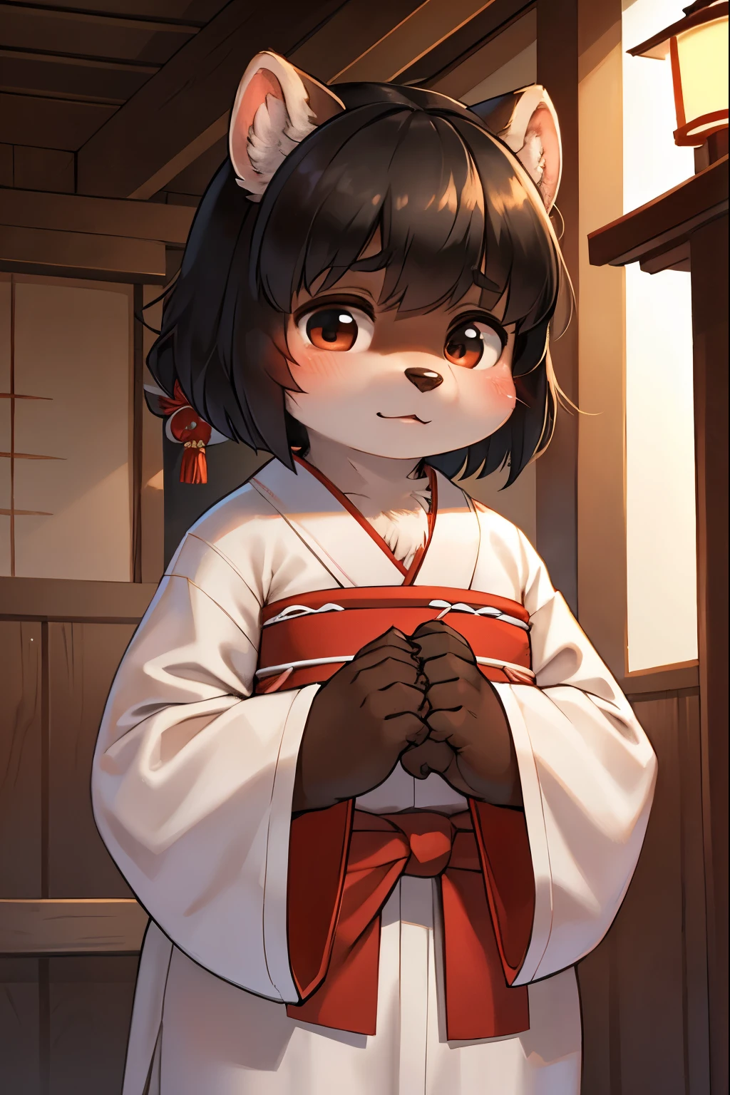 rear Bokeh , hairy fox girl , Short stature , realistic hairy fur , round face , Swollen cheeks , glossy lips , Childish hairstyle , 2 Hair ties , Japanese festivals, hakata yamakasa , happi coats , fundoshi , summer sunny day , cumulonimbus , back shot , Arms crossed , Glaring at viewer