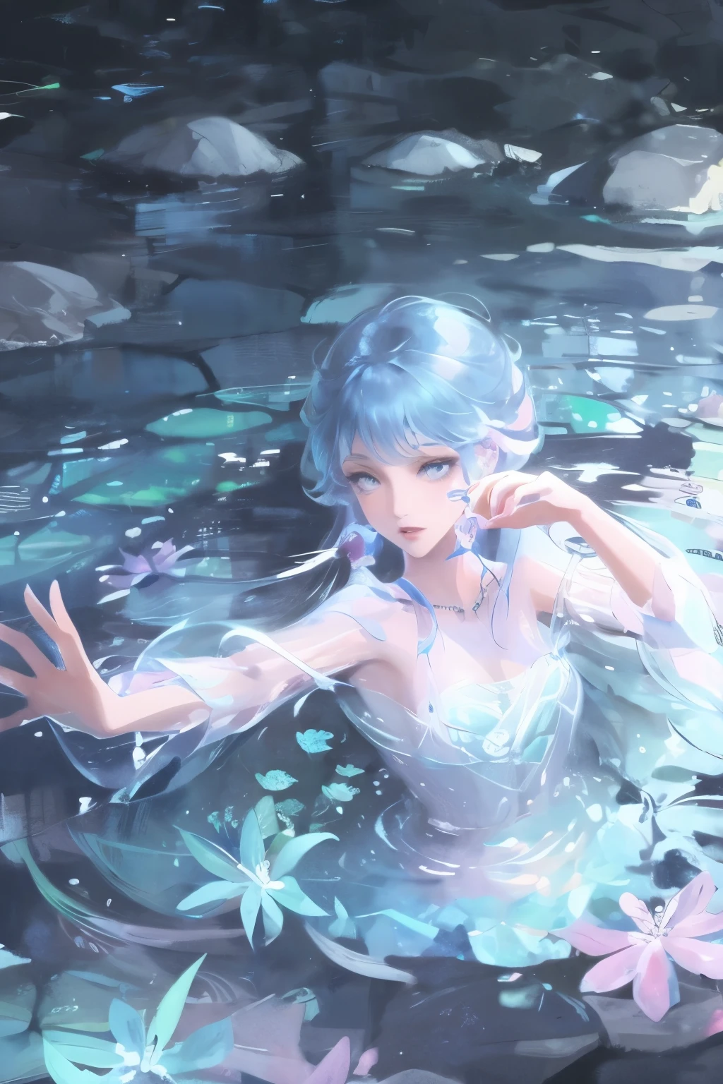 1 Girl, Female Water Spirit, Watercolor Hair, There is spring water inside, A few drops of water on the skin,