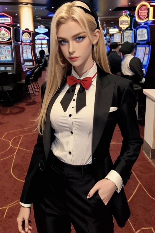 masterpiece, highest quality, Very detailed, 16k,  Ultra-high resolution, Cowboy Shot, Detailed face, Perfect Fingers, 20-year-old woman, a beautiful woman dressed as a man, Slender, blue eyes, Slanted Eyes, blonde, (Black tuxedo:1.3), (Red bow tie:1.3), (Black trousers:1.3), suit thug, casino, She works as a casino dealer, Spin Roulette