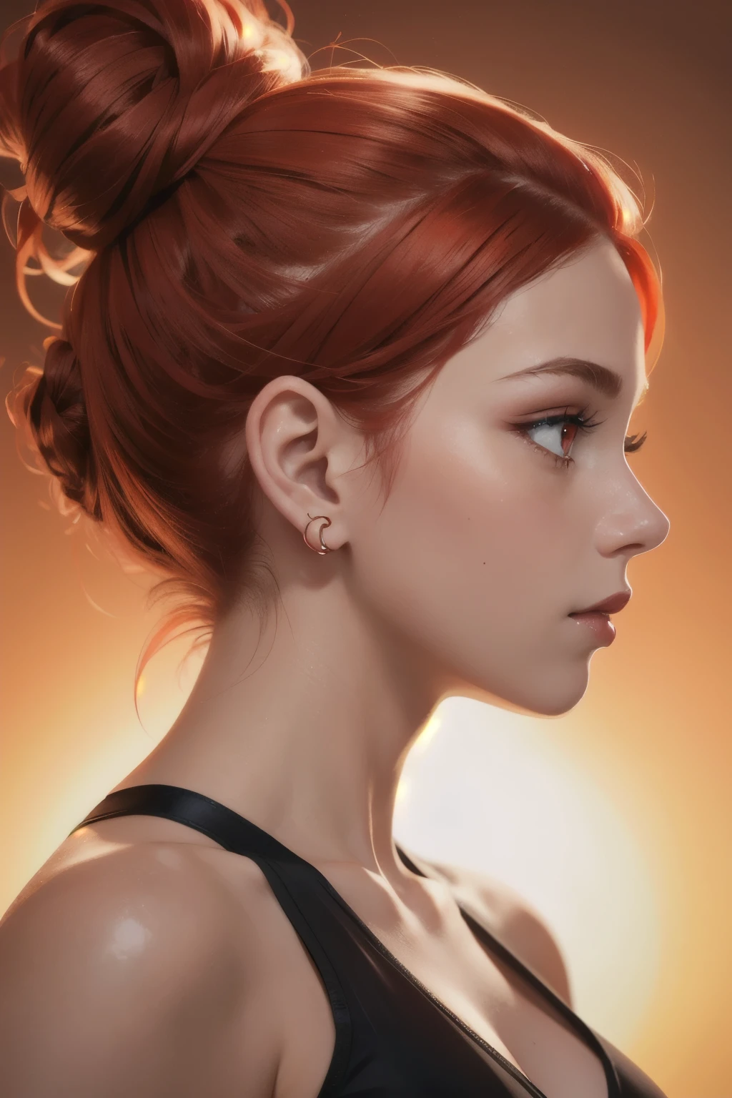 girl with ballerina buns red hair, red eyes, futuristic vibes,  side profile view, earings, 8k, high quality, simple background, glowing eyes, nice pose
