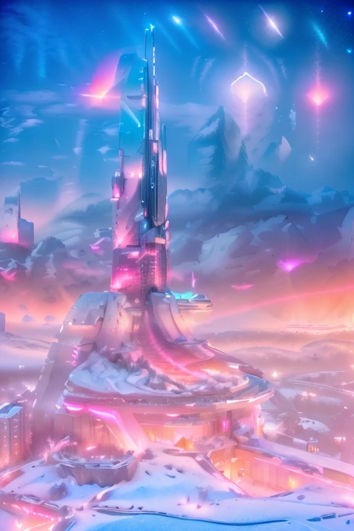 Masterpiece, 12k, uhd, photorealistic, a ultra beautiful suggestive landscape, with snow hills, snow land, futuristic metropolis in background, with skycrapers, night sky with stars, pink boreal aurora in the sky, light neon effects, cyberpunk dreaming atmosphere, (3D rendering buildings), seems real, blue and pink sky and snow colors