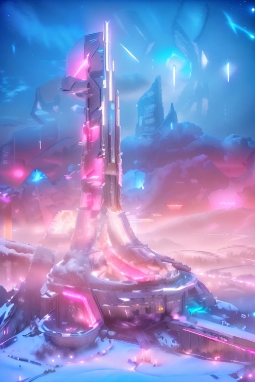 Masterpiece, 12k, uhd, photorealistic, a ultra beautiful suggestive landscape, with snow hills, snow land, futuristic metropolis in background, with skycrapers, night sky with stars, pink boreal aurora in the sky, light neon effects, cyberpunk dreaming atmosphere, (3D rendering buildings), seems real, blue and pink sky and snow colors