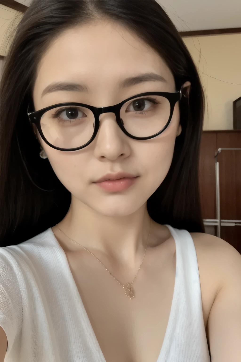 best quality, Ultra-high resolution, Real photo of a beautiful girl, 20 yrs, Delicate face, Black glasses, beach, (Close-up of face), Attractive appearance, Award-winning photos.