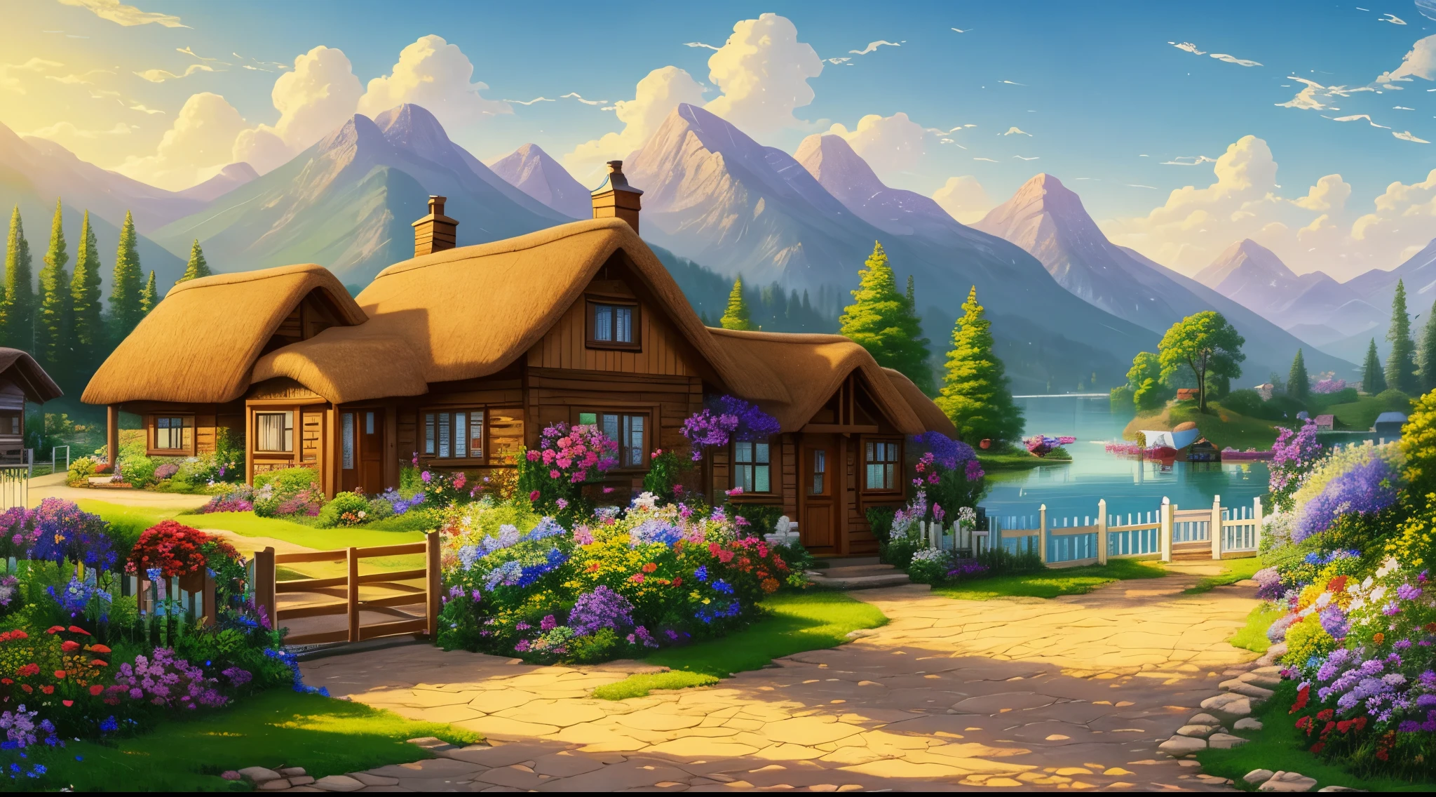 painting of a cottage, flowers beside of fence, fence along the road, mountain landscape with a lake and a boat, illustration matte painting, inspired by Thomas Kinkade, symmetric matte painting, detailed scenery , style raw, 8 k ultra detailed