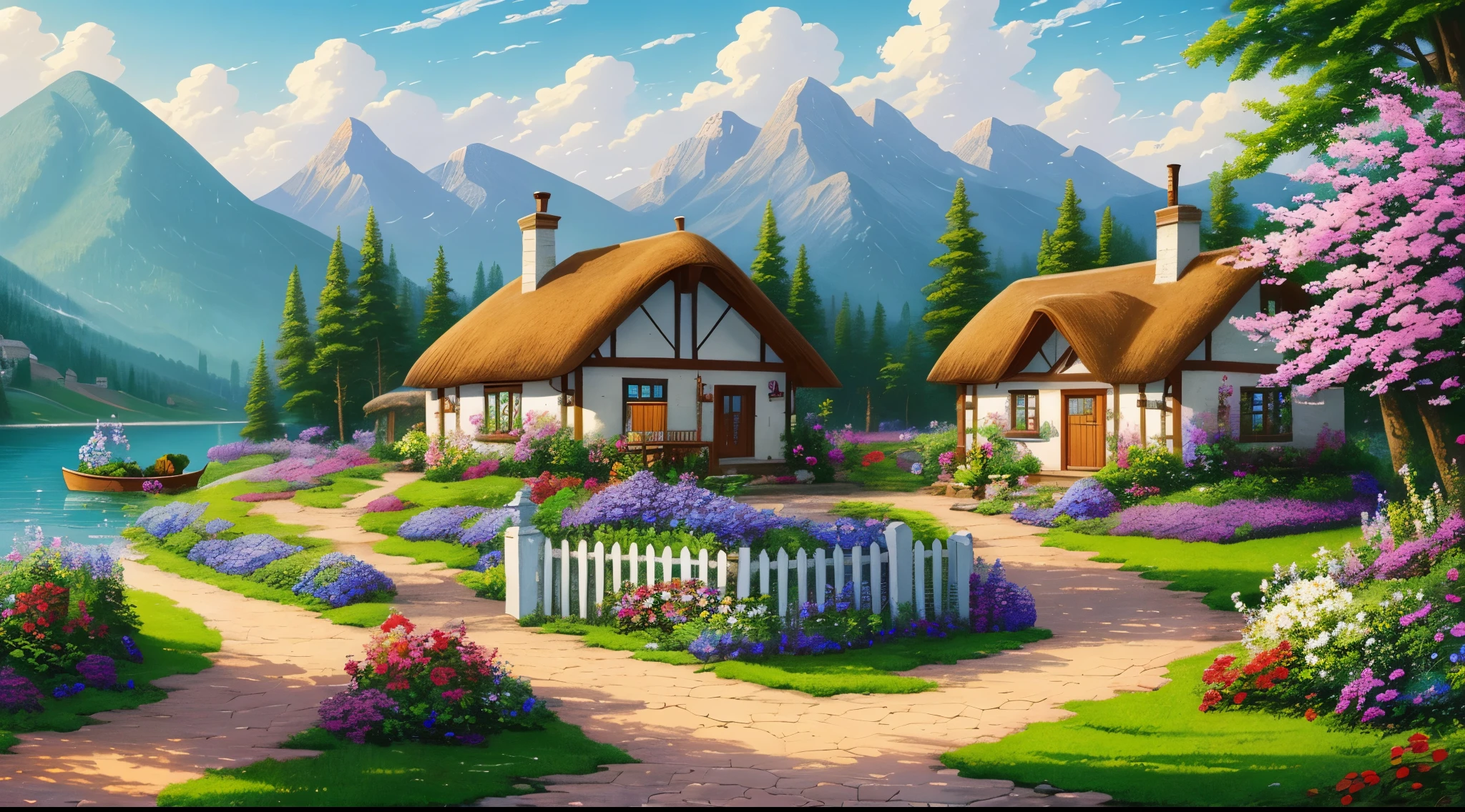 painting of a cottage, flowers beside of fence, fence along the road, mountain landscape with a lake and a boat, illustration matte painting, inspired by Thomas Kinkade, symmetric matte painting, detailed scenery , style raw, 8 k ultra detailed