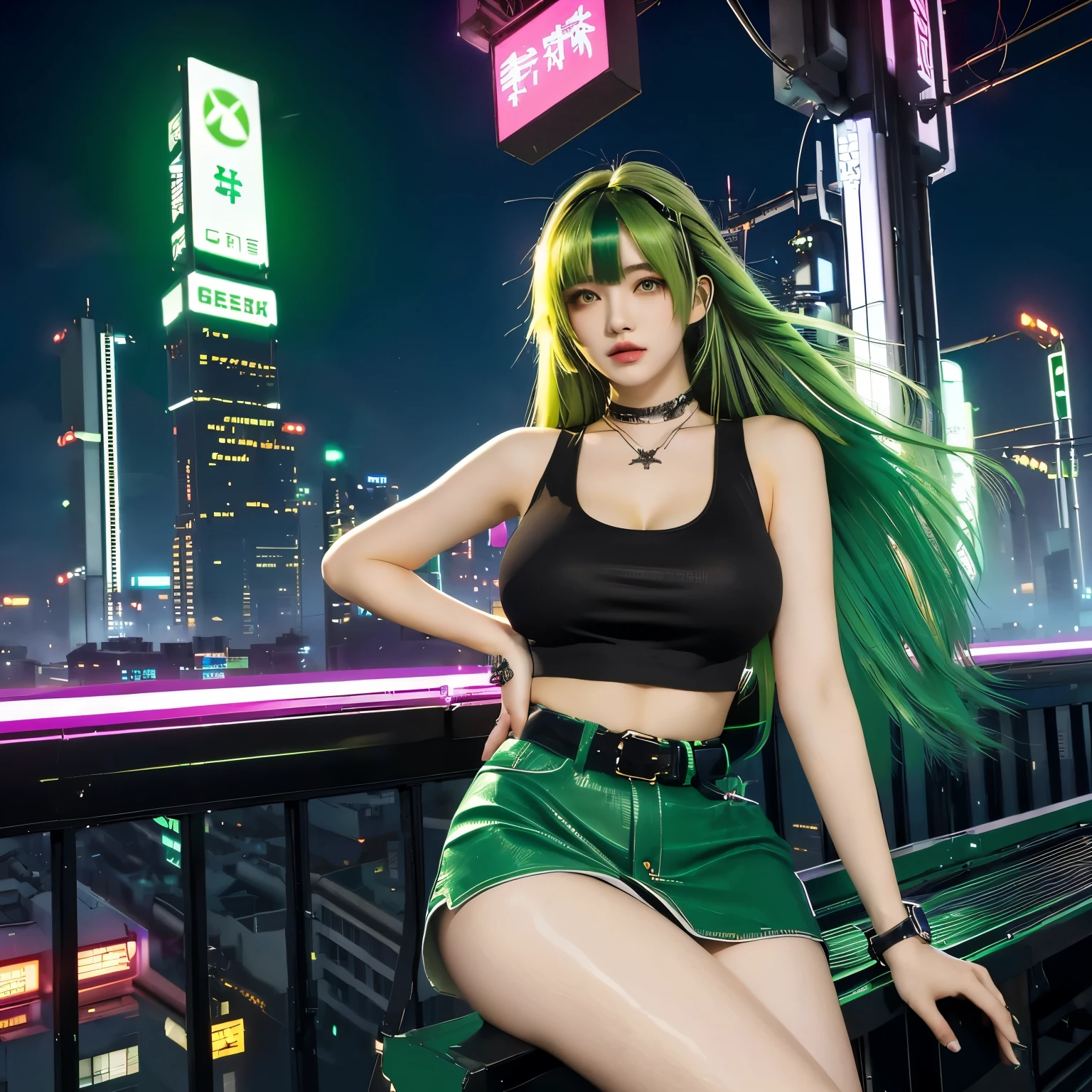 neon city, long hair, cyber punk, school girl, green hair, Beautiful thighs, colossal tits, white tank top