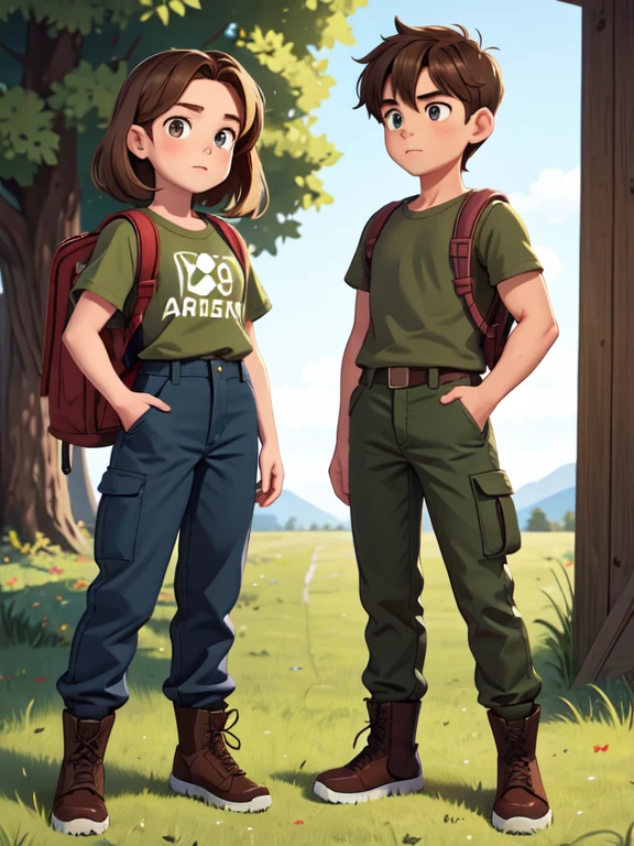 book cover, masterpiece, Two teenagers: boy and girl, Brother and sister, Exact resemblance (twins), ((characters are the same height)), semi-long very tousled brown tousled hair, identical round beautiful feminine faces, Brown eyes, long eyelashes, same athletic build, developed proportional muscles, Green T-shirt, military style trousers with patch pockets, massive high infantry boots, backpack; Standing next to you, (Survival)