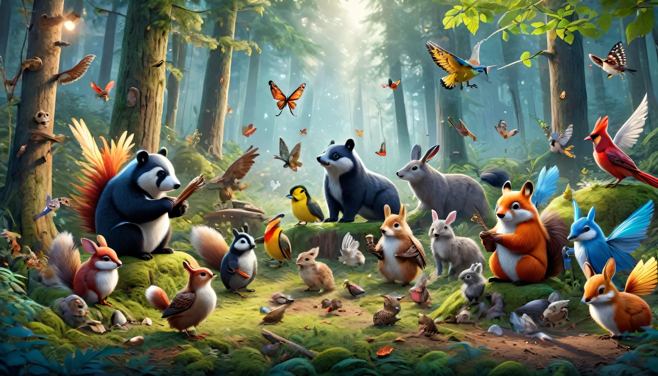 An engaging and colorful illustration of a group of brave animals working together to outsmart humans trying to destroy their forest home. The animals are organizing protests, spreading awareness through posters and banners, and enlisting the help of woodland friends like birds, insects, and friendly forest spirits. The scene is lively and fun, showcasing each animal's unique skills and talents as they unite to save their beloved forest.