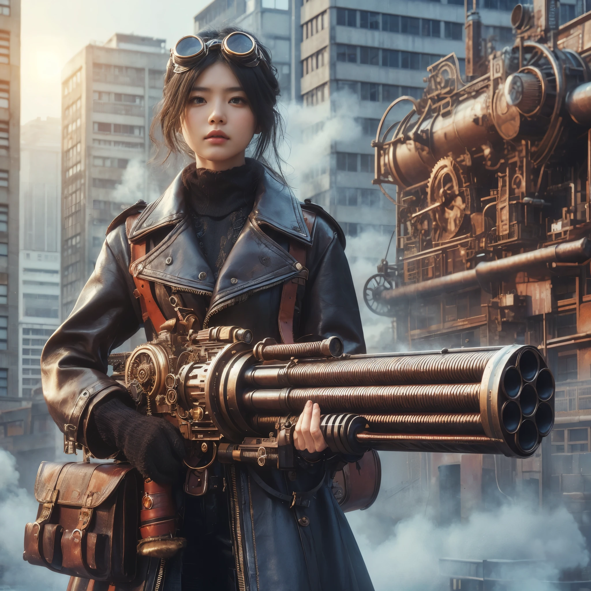 ８ｋ,Realistic Skin Texture、Superrealism、Realistic Photo、Japanese women、steampunk、Leather coat、Standing with a heavily modified oversized rifle、Light cloudiness、Dirty city、Steam rising from buildings here and there、Goggles above your head、Stand facing forward in front of a wall with intricate patterns and gears、
