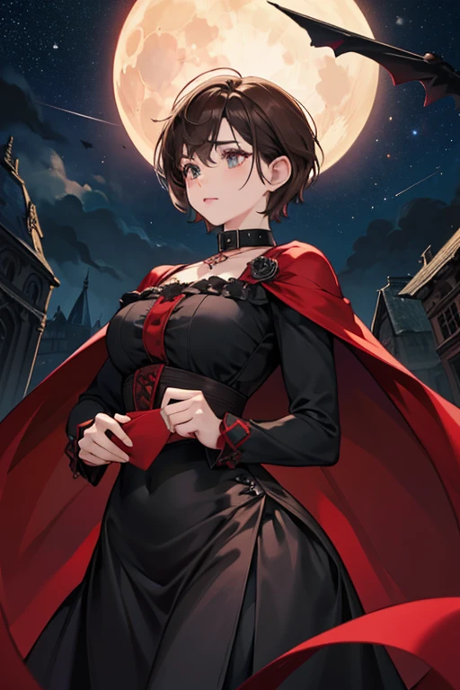 Chubby girl, short hair, brown hair, collar, tattoo, curvy waist, specky, gothic style, sorrow, black long dress, red cape, moon and stars, rose, cruel