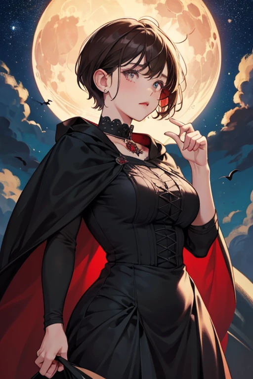 Chubby girl, short hair, brown hair, collar, tattoo, curvy waist, specky, gothic style, sorrow, black long dress, red cape, moon and stars, rose, cruel