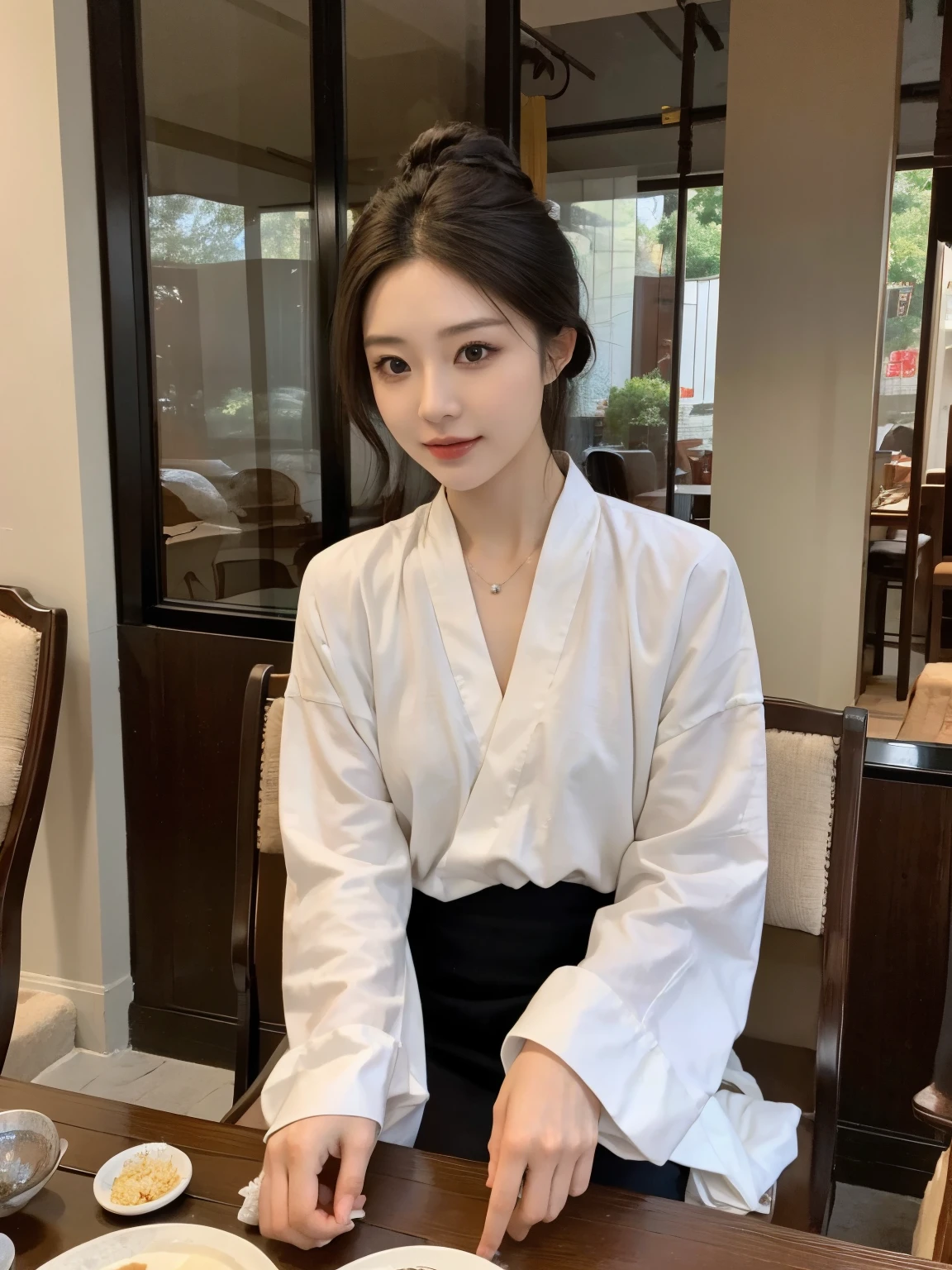 ,masterpiece, best quality,8K, Ultra-high resolution,Real light and shadow,(beautiful eyes:1.1),beautiful woman,Wearing Hanfu,sit at the table,Chinese style decoration