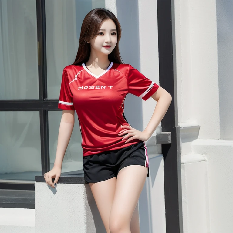 Arav Asian woman in a red shirt and black shorts leans against a wall., Wear a volleyball shirt., Attractive posture, หญิงKorean girlที่งดงาม, beautiful south korean women, Korean female fashion model, Korean girl, Gorgeous Chinese model, red sports clothes, Sexy girl wearing shorts, Sporty, Red dress, red and black, Tzuyu from two times