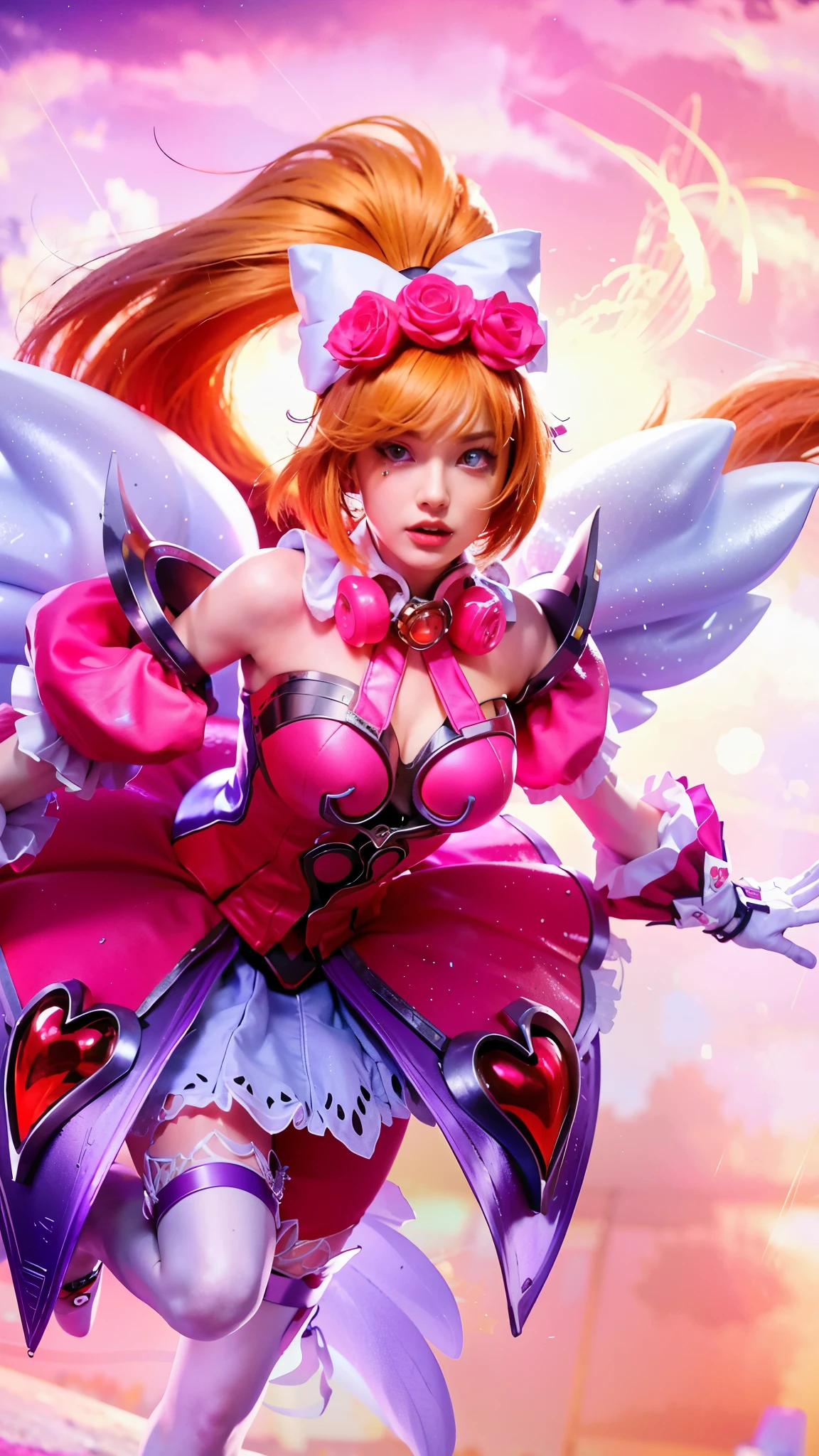 A girl with orange hair, blue cyberpunk outfit, colorful meadow, night, (best quality,4k,8k,highres,masterpiece:1.2),ultra-detailed,(realistic,photorealistic,photo-realistic:1.37),dramatic lighting,glowing cyberpunk elements,intricate details,dynamic pose,vibrant colors,cinematic composition,mystical atmosphere,detailed textures,volumetric lighting