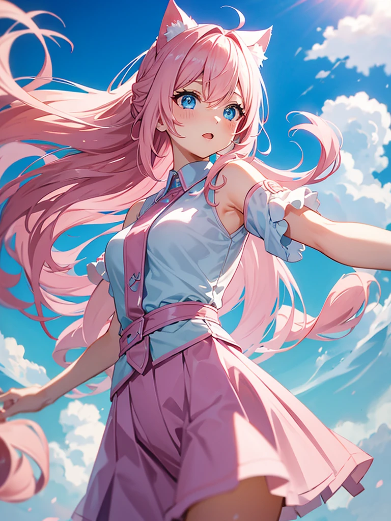 Light pink hair、Long ponytail、Sky-blue eyes、Cat ear、girl、Idol、singing