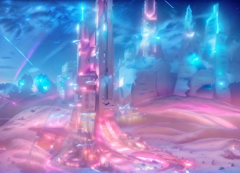 Masterpiece, 12k, uhd, photorealistic, a ultra beautiful suggestive landscape, with snow hills, snow land, futuristic metropolis in background, with skycrapers, night sky with stars, pink boreal aurora in the sky, light neon effects, cyberpunk dreaming atmosphere, (3D rendering buildings), seems real, blue and pink sky and snow colors